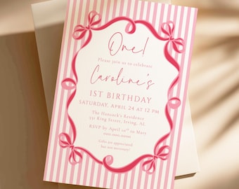 Pink Bow 1st Birthday Invitation Template, Girl First Birthday Invite, Editable Striped Bow Party Invite, Instant Download