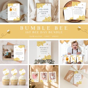 Bumble Bee 1st Birthday Party Bundle, First Bee Day Birthday Decor, Bumble Bee Theme, Printable Birthday Party Set, Digital Download