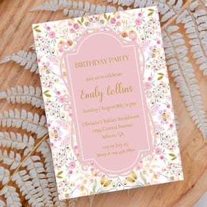 Blush Pink Birthday Invitation Template, Editable Floral Birthday Invite, Floral Garden Flowers Birthday Party, DIGITAL DOWNLOAD
