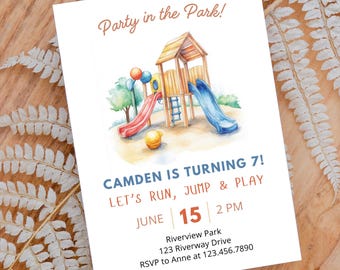 Plantilla de invitación de cumpleaños para parque infantil, fiesta en el parque (impresión digital)