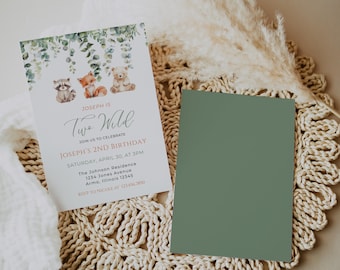 May include: A white invitation card with green foliage and woodland animal illustrations. The text reads "Joseph is Two Wild" and includes details for a second birthday party. A green card is included for the recipient's name.