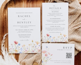 Pastel Floral Wedding Invitation Suite, Modern Wildflower Wedding Invite, Editable Watercolor Floral Wedding Invitation with RSVP QR Code
