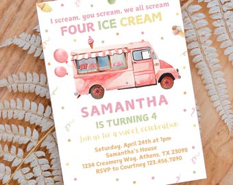 Ice Cream Truck 4th Birthday Invitation Template (Digital Download)