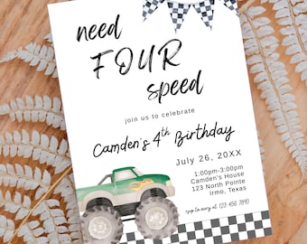 Monster Truck Birthday Invitation: Fourth Birthday, Editable Template (Digital Download