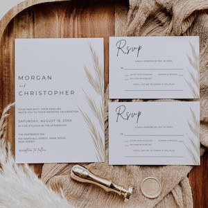 Boho Wedding Invitation Set, Pampas Wedding Invitation Template, Pampas RSVP Card, Editable Boho Wedding Invitation Suite, Digital Download