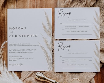 Editable Wedding Invitation Template, Boho Wedding Invitation Set, Pampas Wedding Suite (Digital Download)