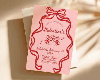 Editable Galentine’s Day Invitation, Coquette Bow Galentine Invite, Pink and Red Hand Drawn Valentine's Invite, Instant Download