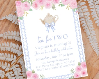 May include: A floral invitation card with the text "tea for TWO" and event details. The card features a watercolor teapot, pink roses, and a blue lace border, perfect for a birthday celebration.