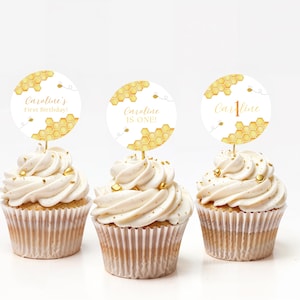 Bumble Bee Cupcake Toppers, First Birthday Cupcake Toppers, Bee Cupcake Toppers Template, 1st Birthday Decor, Honey Bee Birthday Cupcake B5
