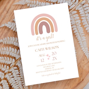 Boho Rainbow Girl Baby Shower Invitation Template, Editable It&#39;s a Girl Party, Baby In Bloom Baby Shower Invite, Instant Download