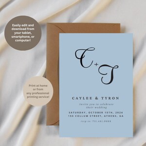 Minimalist Calligraphy Script Dusty Blue Wedding Invitation Template, Simple Calligraphy Wedding Invitation, Dusty Blue Elegant Wedding