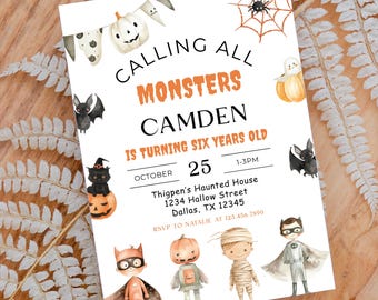Monsters Halloween Birthday Invitation, Editable Template (Digital Download)