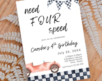 Plantilla de invitación para el 4.º cumpleaños de un coche de carreras, editable (descarga digital)