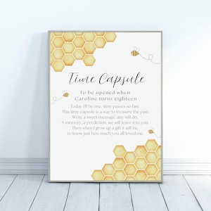 First Birthday Time Capsule Sign, Bumble Bee Birthday Time Capsule, Editable First Birthday Message Prediction, Bee First Birthday Sign B5