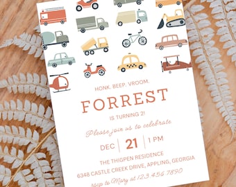 Transportation Birthday Invitation Template, Cars & Trucks, Editable Canva Template (Printable Download T2
