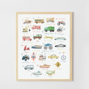 Póster del alfabeto de transporte, impresión Montessori del alfabeto de vehículos, póster educativo para niños, plantilla de arte mural para habitación infantil, descarga digital