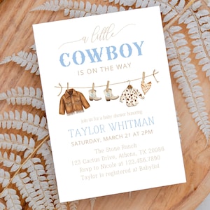 Cowboy Baby Shower Invitation Template, A Little Cowboy On The Way Baby Shower, Western Clothesline Baby Shower, Editable Template