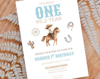 Cowboy 1st Birthday Invitation, Watercolor Western Theme (Editable Digital Download)