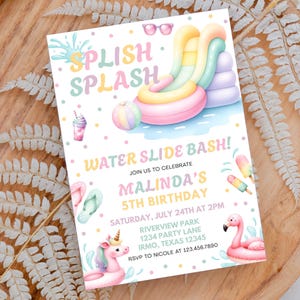 Waterslide Birthday Invitation, Girl Pool Party Invite, Water Slide Bash Invitation, Pink Waterslide Girl Birthday Party, Digital Download
