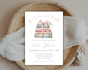 On To Next Chapter Graduation Invitation, Stacked Book Grad Party Invitation Template, Vintage Book Graduation Celebration, Digital Download