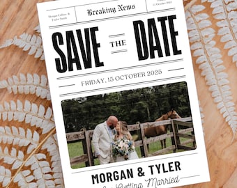 Newspaper Save the Date Template, Minimalist Wedding Invite (Digital Download)
