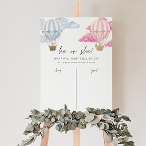 What Will Baby Be Sign, He or She Gender Guess Board, Hot Air Balloon Gender Reveal Sign, Pink Blue Hot Air Balloon, Editable Game Poster