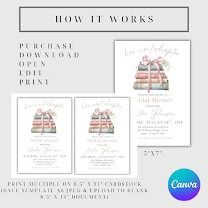 May include: Printable bridal shower invitation template featuring a stack of books with a pink ribbon and floral accents. The text "her next chapter" is written in a cursive font. The invitation includes the date, time, and location of the event. The text "Please join us for a Bridal Shower honoring Amber Johnson" is also included. The invitation is 5 inches by 7 inches.