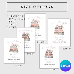 May include: A selection of bridal shower signs with the text "Her next chapter" and "Welcome to Amber's Bridal Shower". The signs feature a watercolor illustration of a stack of books tied with a pink ribbon and floral accents. Size options are displayed.