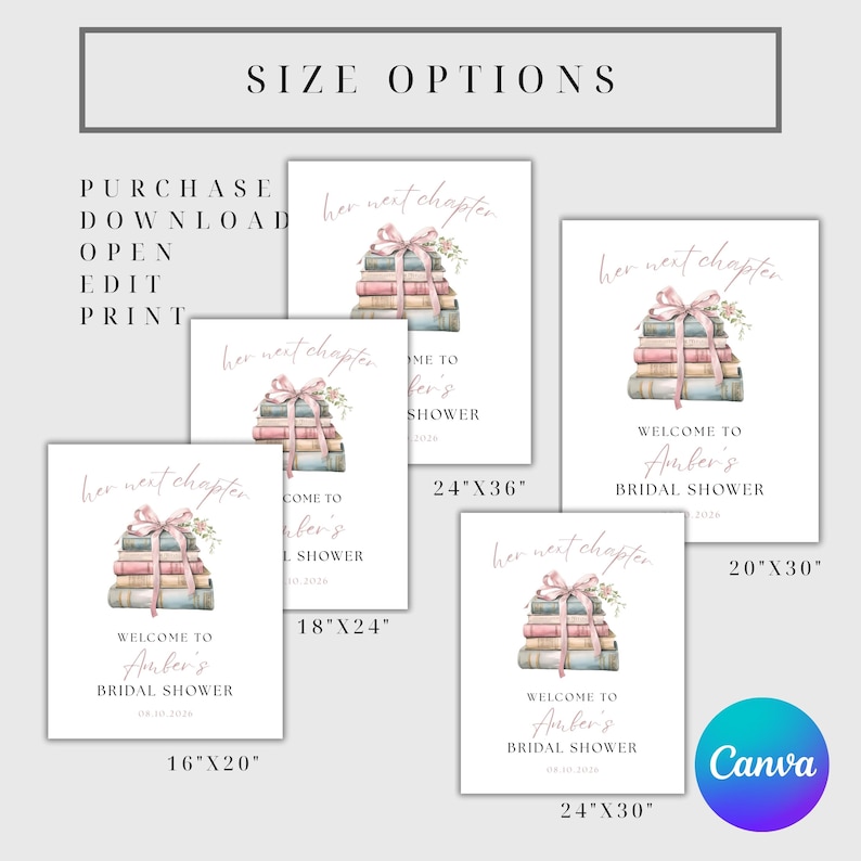 May include: A selection of bridal shower signs with the text "Her next chapter" and "Welcome to Amber's Bridal Shower". The signs feature a watercolor illustration of a stack of books tied with a pink ribbon and floral accents. Size options are displayed.