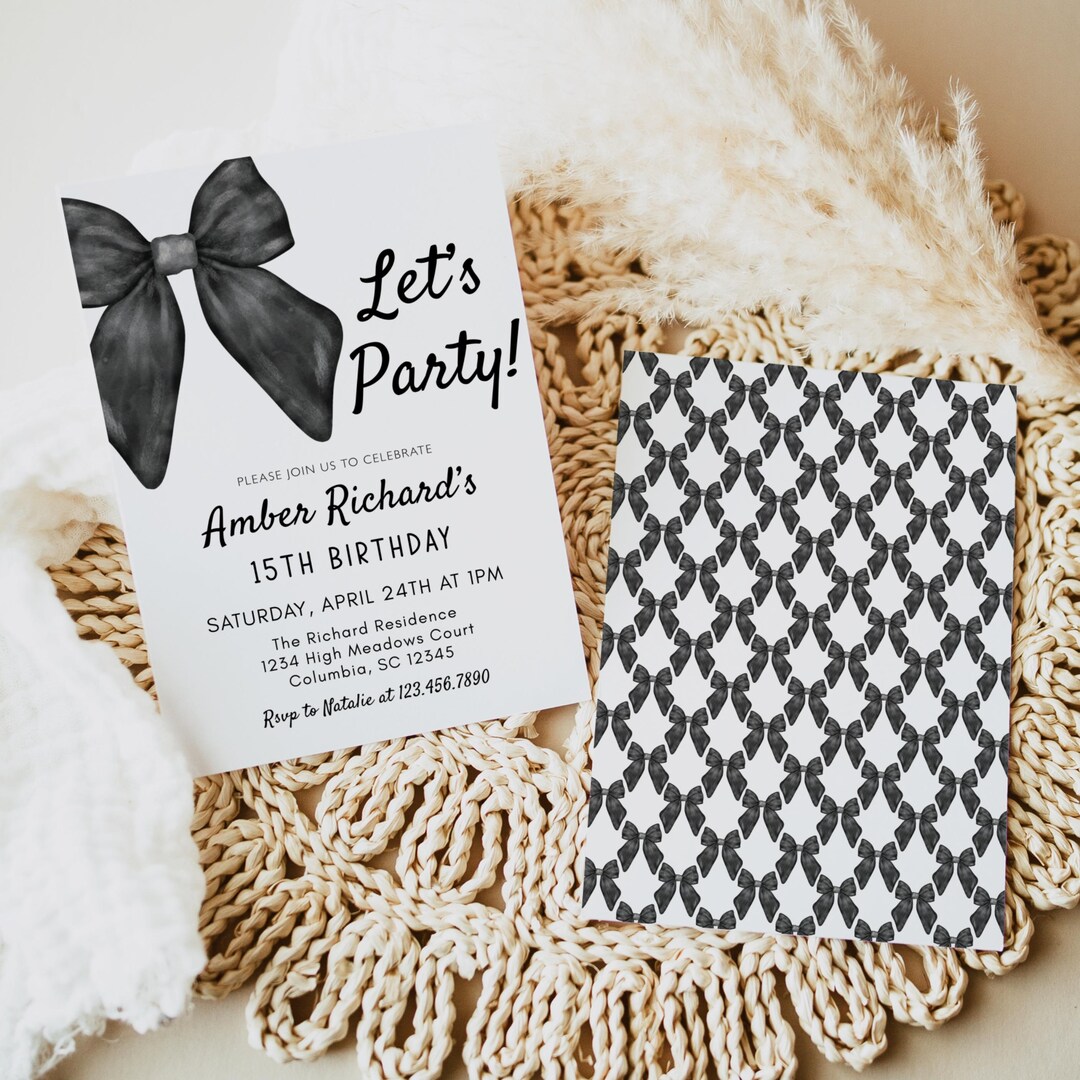 Black Bow Birthday Invitation Template • Editable Birthday Party Invite