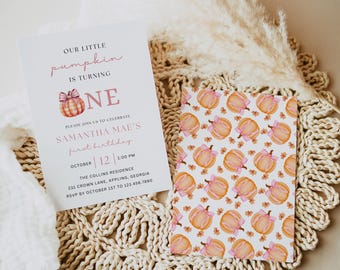 Fall Pumpkin First Birthday Invitation, Pink Gingham (Canva Template)
