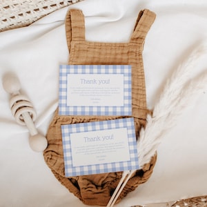 Cartão de agradecimento para chá de bebê com guingão azul, modelo de agradecimento para chá de bebê com guingão, cartão de agradecimento para chá de bebê com guingão azul para impressão, download digital