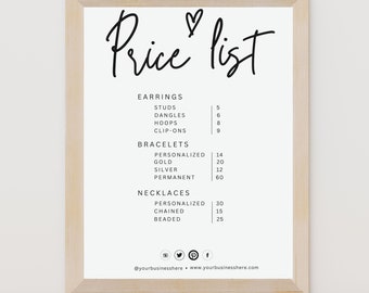 Business Price List Template, Modern Minimalist Price Sheet, Cosmetic Price List, Jewelry Price List, Editable Price Sheet, Digital Download