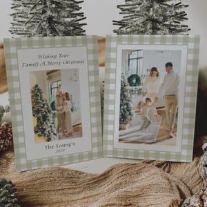 Szablon kartki świątecznej Green Gingham, świąteczna kartka świąteczna ze zdjęciem, spersonalizowana kartka ze zdjęciem, do wydrukowania świąteczna kartka świąteczna