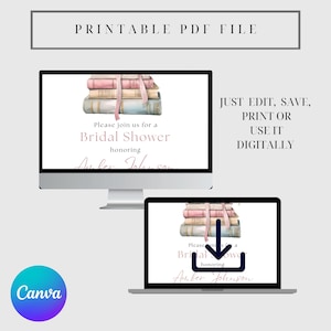 May include: Printable bridal shower invitation template featuring a stack of books with pink and blue ribbons. The text on the invitation reads "Please join us for a Bridal Shower honoring Amber Johnson".