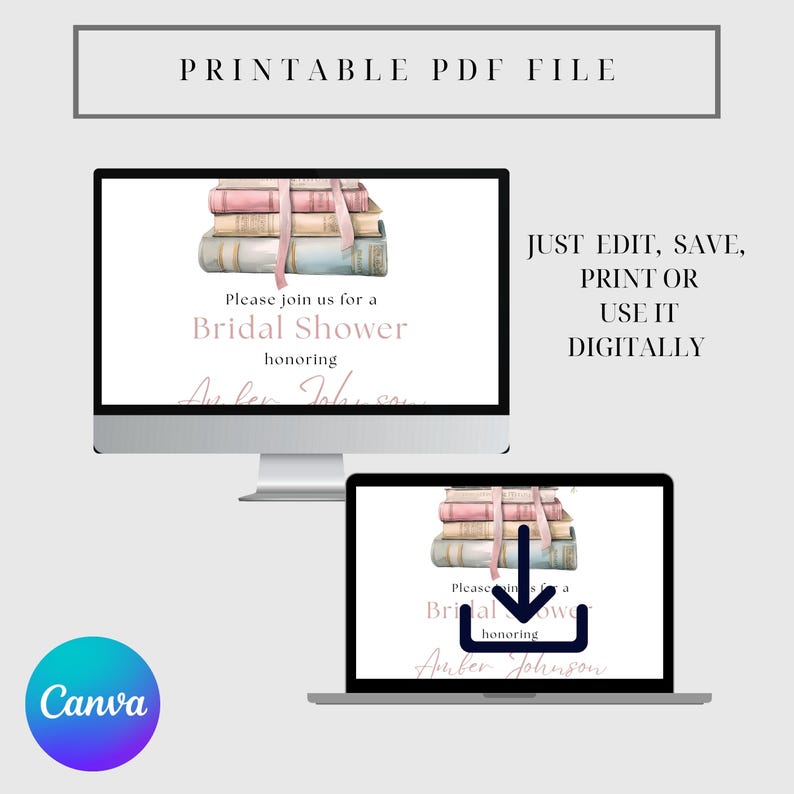 May include: Printable bridal shower invitation template featuring a stack of books with pink and blue ribbons. The text on the invitation reads "Please join us for a Bridal Shower honoring Amber Johnson".