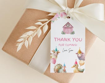 Pink Barn Favor Tags: Farm Girl Birthday Party (Digital Download Canva Template 2x3.5 inches)