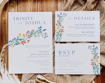 Könnte beinhalten: Hochzeitseinladungs-Set mit floralen Aquarelldesigns. Die Einladung enthält die Namen "Trinity und Joshua", Datum, Uhrzeit und Ort. Das Set enthält auch Detail- und RSVP-Karten. Ein goldener Wachssiegel ist vorhanden.