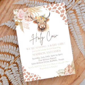 Szablon zaproszenia na baby shower w stylu boho krowa, edytowalny baby shower w stylu boho pampas, baby shower dla dziewczynek, zaproszenie dla dziewczynki Holy Cow Baby Girl, pobieranie cyfrowe
