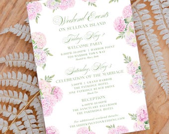 Editable Wedding Weekend Events Itinerary Card Template, Printable Wedding Schedule Insert, Hydrangea Weekend Details Card