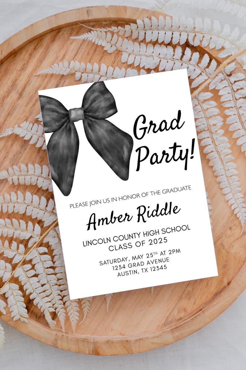 The Riddler Invitation Black Coquette Bow Invitation, Graduation Invitation, Bow Graduation ...