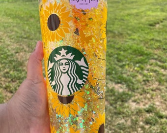 Sunflower 24oz Starbucks Snowglobe Tumbler//Flower//Sunflower Seeds//Venti Cold Cup//Made to Order