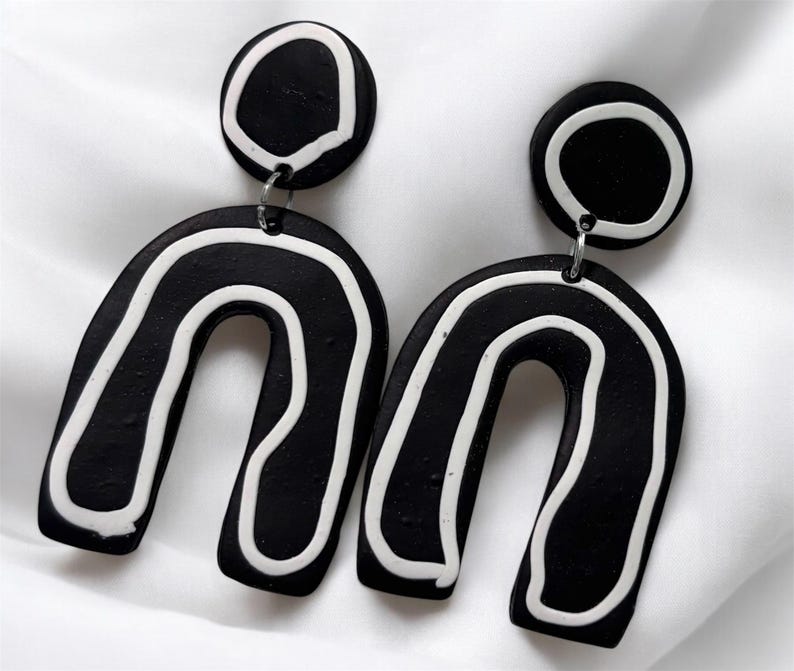 Black & White Statement Creole Earrings - 80s Look Plastic Earrings For Women