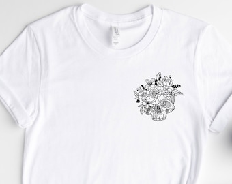 Floral Skull Pocket Shirt , Sugar Skull Flower Shirt, Halloween Skull Tee, Skeleton Head Flower Shirt, Halloween Gifts, Halloween Rustic Tee