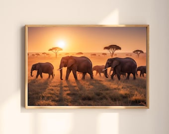 May include: A framed print of a herd of elephants walking across a savanna at sunset. The elephants are silhouetted against the golden light, with trees and the sun in the background. The print is in a wooden frame.