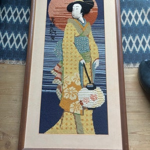 Vintage Mid-Century Modern Geisha Girl With Lantern Needlepoint Framed 15W x 29L