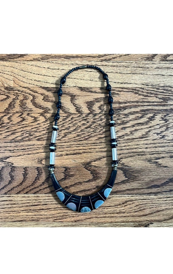 Vintage wood silver inlay beaded necklace.