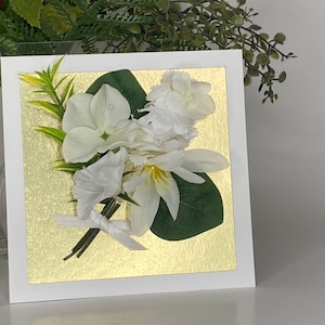 with Sympathy Card. white flowers. gold background. Ready to Ship