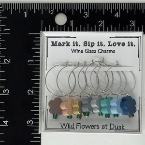 Wild Flowers at Dusk Wine Charms – Set of 8 Flower Glass Markers with Silicone Beads – Wine Glass ID Tags – Hostess Gift – FREE SHIPPING