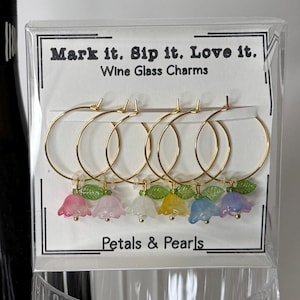 Petals & Pearls Wine Charms: Set of 6 Floral Glass Markers | Bridal Shower, Garden Party, Hostess Gift, Summer Entertaining. READY TO SHIP